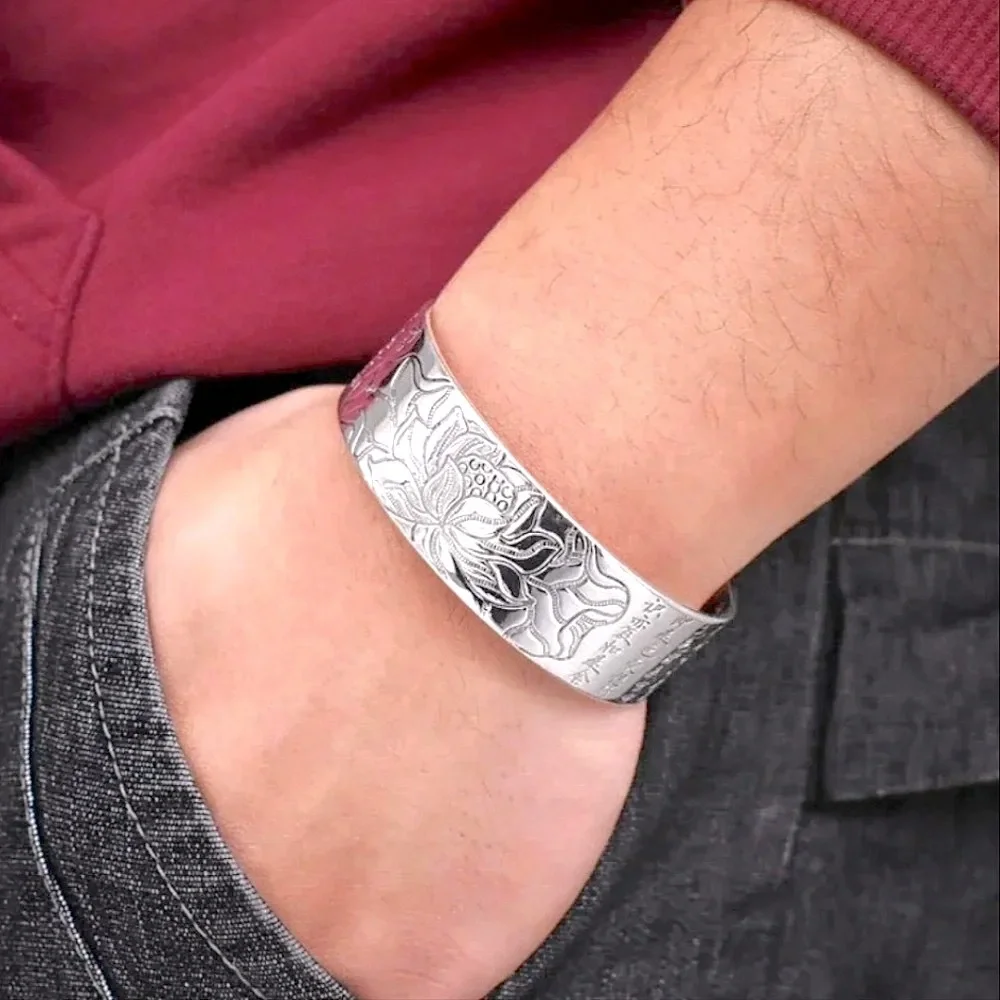 Unisex‎ Large S999 Thai Pure Silver Lotus Cuff Bracelet, Adjustable